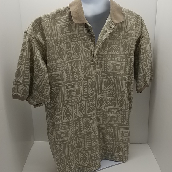 Bugle Boy Co. men's vintage short sleeve polo shirt large browns geometric print - Picture 2 of 12